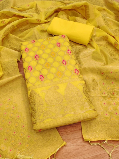 Generic Women's Banarasi Silk Printed Unstitched Salwar Suit Material With Dupatta (Yellow, 3Mtrs)