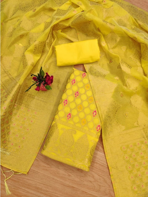 Generic Women's Banarasi Silk Printed Unstitched Salwar Suit Material With Dupatta (Yellow, 3Mtrs)