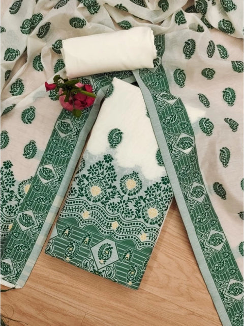 Generic Women's Banarasi Silk Printed Unstitched Salwar Suit Material With Dupatta (Bottle Green, 3Mtrs)