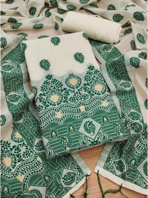 Generic Women's Banarasi Silk Printed Unstitched Salwar Suit Material With Dupatta (Bottle Green, 3Mtrs)