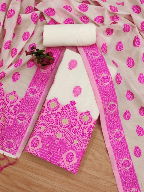 Generic Women's Banarasi Silk Printed Unstitched Salwar Suit Material With Dupatta (Pink, 3Mtrs)