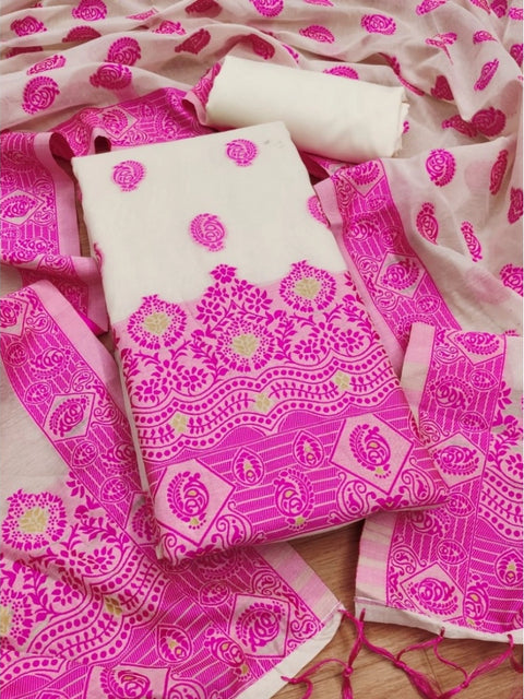 Generic Women's Banarasi Silk Printed Unstitched Salwar Suit Material With Dupatta (Pink, 3Mtrs)