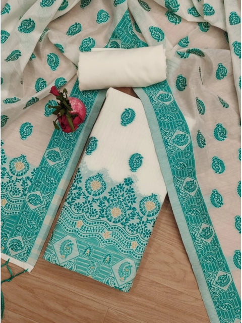 Generic Women's Banarasi Silk Printed Unstitched Salwar Suit Material With Dupatta (Teal, 3Mtrs)