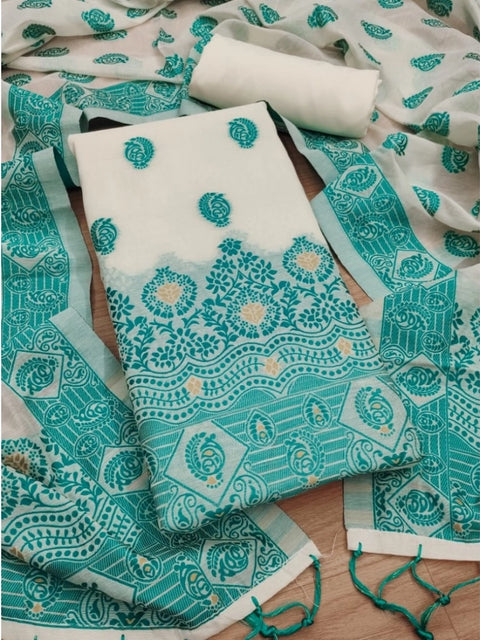 Generic Women's Banarasi Silk Printed Unstitched Salwar Suit Material With Dupatta (Teal, 3Mtrs)