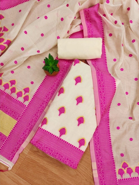 Generic Women's Banarasi Silk Printed Unstitched Salwar Suit Material With Dupatta (Pink, 3Mtrs)