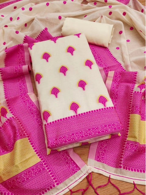 Generic Women's Banarasi Silk Printed Unstitched Salwar Suit Material With Dupatta (Pink, 3Mtrs)