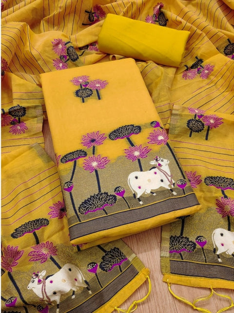 Generic Women's Banarasi Silk Printed Unstitched Salwar Suit Material With Dupatta (Yellow, 3Mtrs)