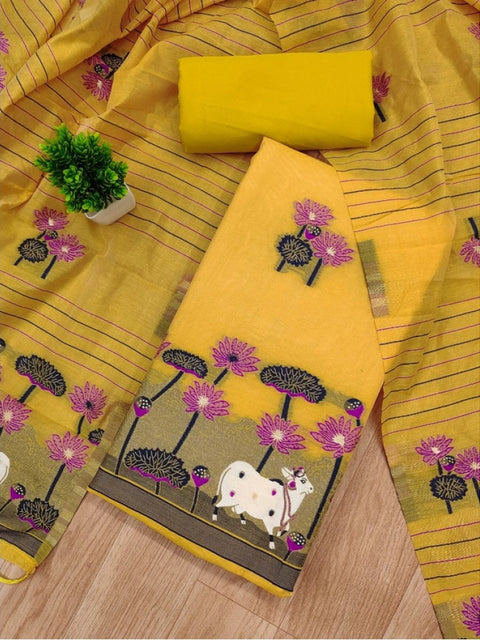 Generic Women's Banarasi Silk Printed Unstitched Salwar Suit Material With Dupatta (Yellow, 3Mtrs)