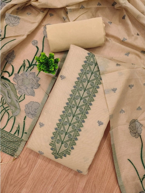Generic Women's Banarasi Silk Printed Unstitched Salwar Suit Material With Dupatta (Cream, 3Mtrs)