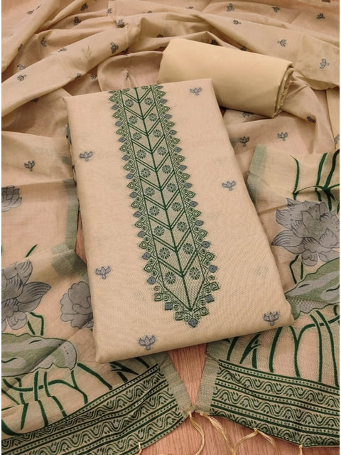 Generic Women's Banarasi Silk Printed Unstitched Salwar Suit Material With Dupatta (Cream, 3Mtrs)