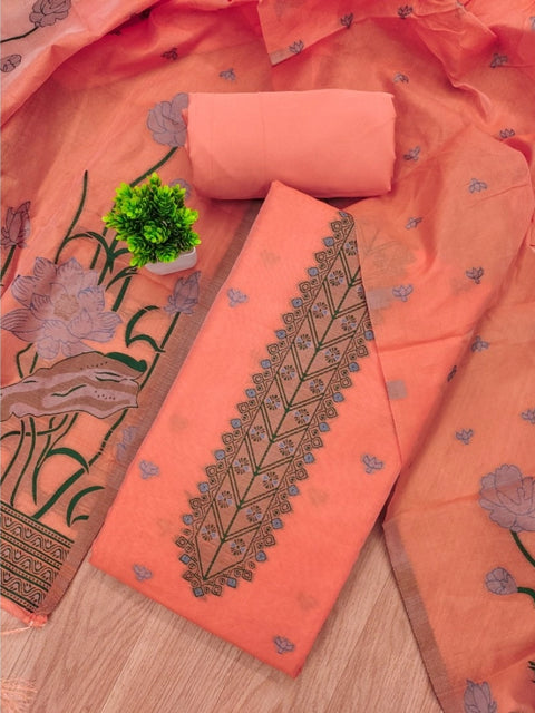 Generic Women's Banarasi Silk Printed Unstitched Salwar Suit Material With Dupatta (Peach, 3Mtrs)