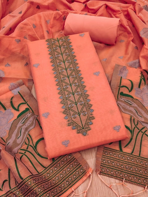 Generic Women's Banarasi Silk Printed Unstitched Salwar Suit Material With Dupatta (Peach, 3Mtrs)