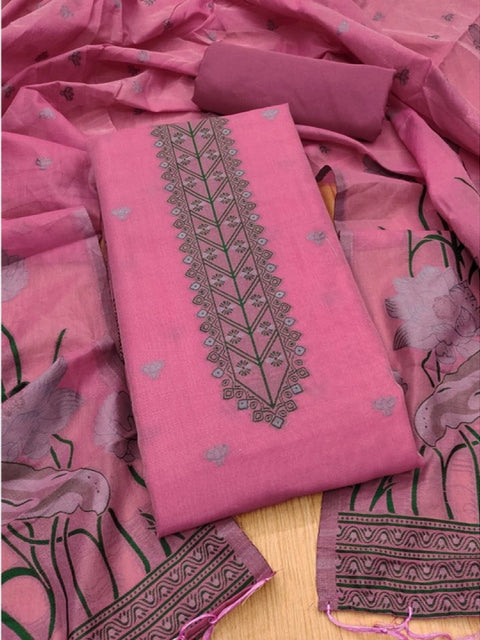 Generic Women's Banarasi Silk Printed Unstitched Salwar Suit Material With Dupatta (Pink, 3Mtrs)