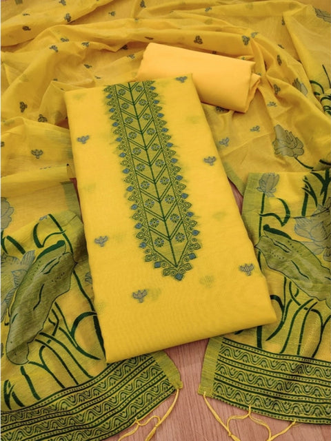 Generic Women's Banarasi Silk Printed Unstitched Salwar Suit Material With Dupatta (Yellow, 3Mtrs)