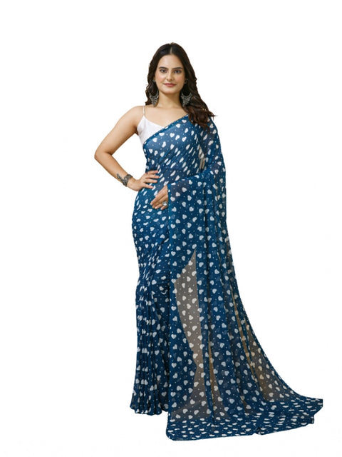 Women's Georgette Printed Saree With Unstitched Blouse 5.5Mtr (Blue)