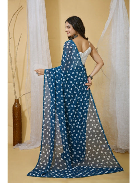 Women's Georgette Printed Saree With Unstitched Blouse 5.5Mtr (Blue)