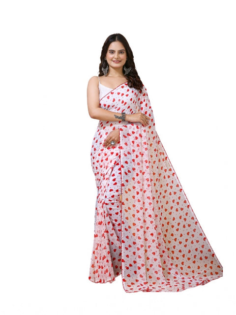 Women's Georgette Printed Saree With Unstitched Blouse 5.5Mtr (White-Red)