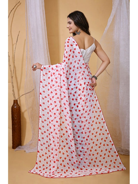 Women's Georgette Printed Saree With Unstitched Blouse 5.5Mtr (White-Red)