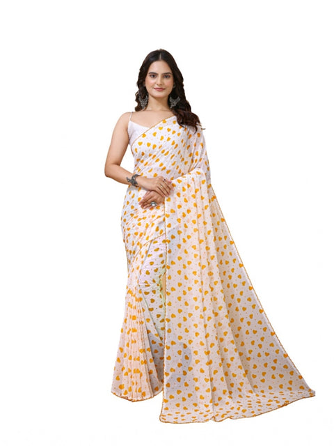 Women's Georgette Printed Saree With Unstitched Blouse 5.5Mtr (White-Yellow)