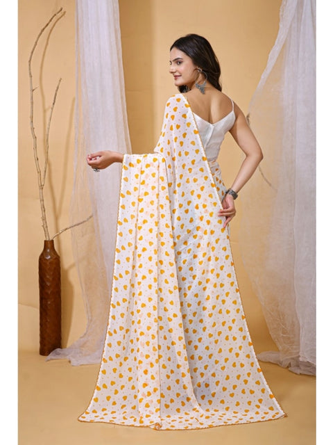 Women's Georgette Printed Saree With Unstitched Blouse 5.5Mtr (White-Yellow)