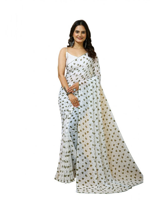 Women's Georgette Printed Saree With Unstitched Blouse 5.5Mtr (White-Grey)