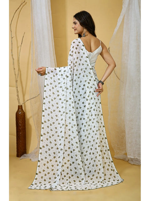 Women's Georgette Printed Saree With Unstitched Blouse 5.5Mtr (White-Grey)