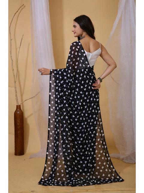 Women's Georgette Printed Saree With Unstitched Blouse 5.5Mtr (Black)
