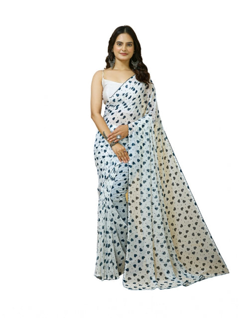 Women's Georgette Printed Saree With Unstitched Blouse 5.5Mtr (White)