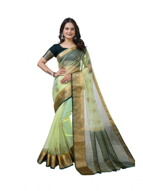 Women's Organza jacquard Embellished Saree With Unstitched Blouse 5.5Mtr (Light Green)