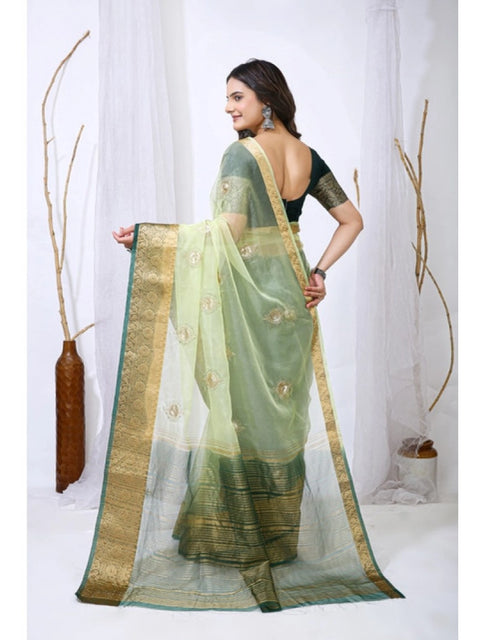 Women's Organza jacquard Embellished Saree With Unstitched Blouse 5.5Mtr (Light Green)