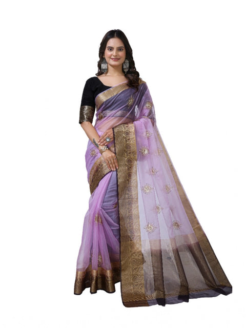 Women's Organza jacquard Embellished Saree With Unstitched Blouse 5.5Mtr (Purple)