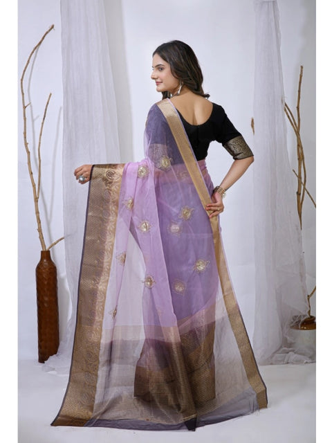 Women's Organza jacquard Embellished Saree With Unstitched Blouse 5.5Mtr (Purple)
