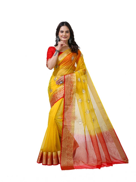 Women's Organza jacquard Embellished Saree With Unstitched Blouse 5.5Mtr (Yellow)