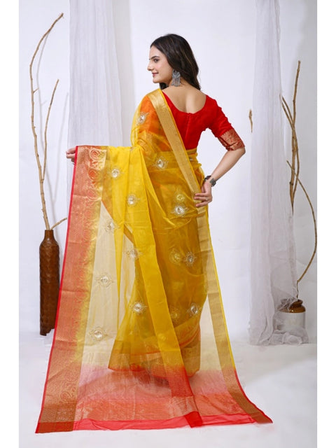 Women's Organza jacquard Embellished Saree With Unstitched Blouse 5.5Mtr (Yellow)