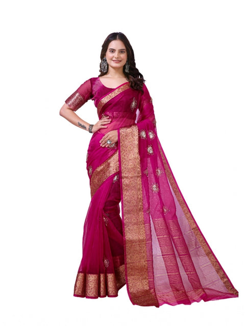 Women's Organza jacquard Embellished Saree With Unstitched Blouse 5.5Mtr (Pink)