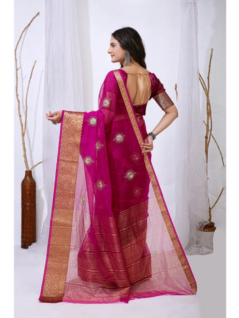 Women's Organza jacquard Embellished Saree With Unstitched Blouse 5.5Mtr (Pink)