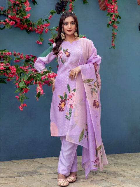 Generic Women's Cotton Blend Printed Kurti With Pant Dupatta Set (Lavender)