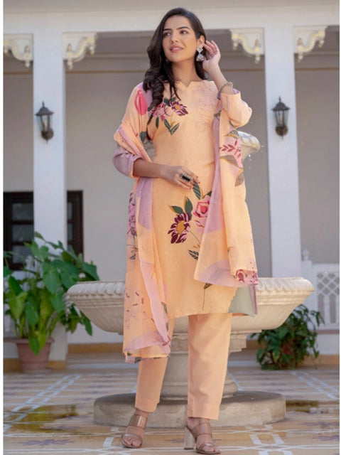 Generic Women's Cotton Blend Printed Kurti With Pant Dupatta Set (Orange)