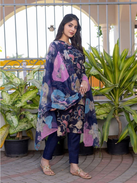 Generic Women's Cotton Blend Printed Kurti With Pant Dupatta Set (NavyBlue)