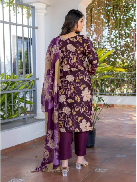 Generic Women's Cotton Blend Printed Kurti With Pant Dupatta Set (Purple)