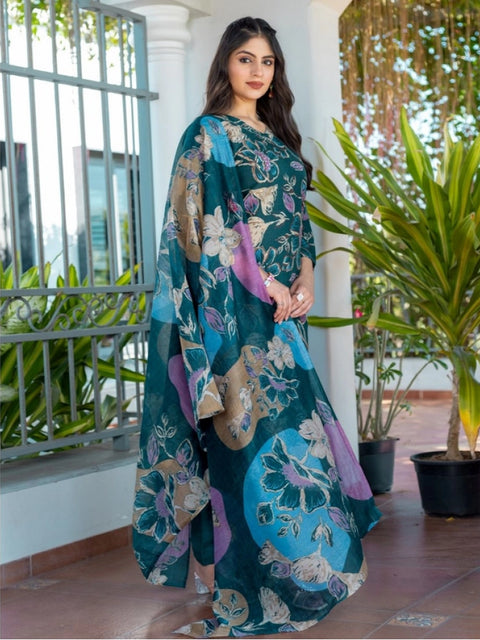 Generic Women's Cotton Blend Printed Kurti With Pant Dupatta Set (Rama)