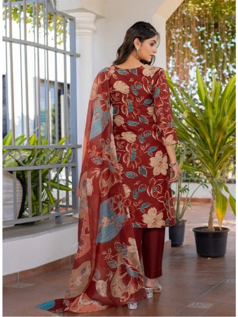Generic Women's Cotton Blend Printed Kurti With Pant Dupatta Set (Rust)