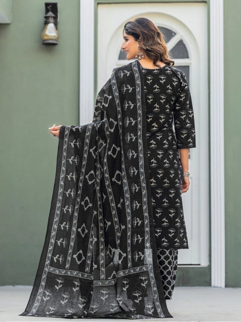 Generic Women's Cotton Blend Printed Kurti With Pant Dupatta Set (Black)