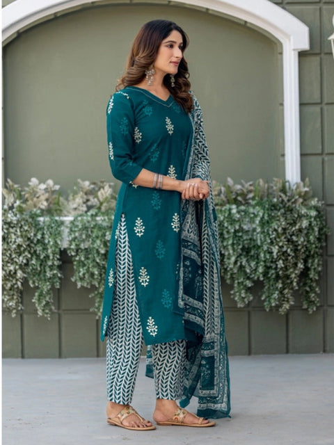 Generic Women's Cotton Blend Printed Kurti With Pant Dupatta Set (Morpichh)