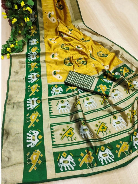 Women's Soft Litchi Silk Jacquard Work Saree With Unstitched Blouse 5.5Mtr (Yellow-Green)