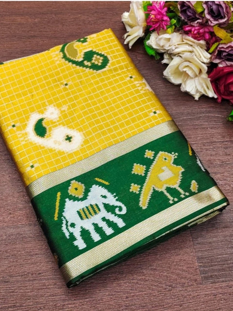 Women's Soft Litchi Silk Jacquard Work Saree With Unstitched Blouse 5.5Mtr (Yellow-Green)