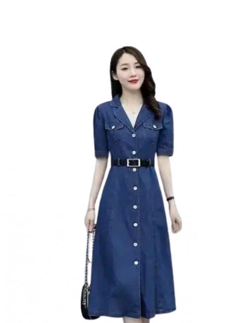Generic Women's Casual Denim Half Sleeves Dress (Blue)