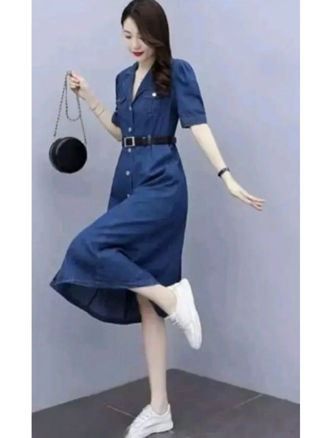 Generic Women's Casual Denim Half Sleeves Dress (Blue)