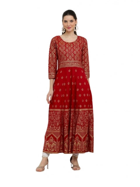 Generic Women's Casual Rayon 3-4th Sleeves Anarkali Kurti (Red)