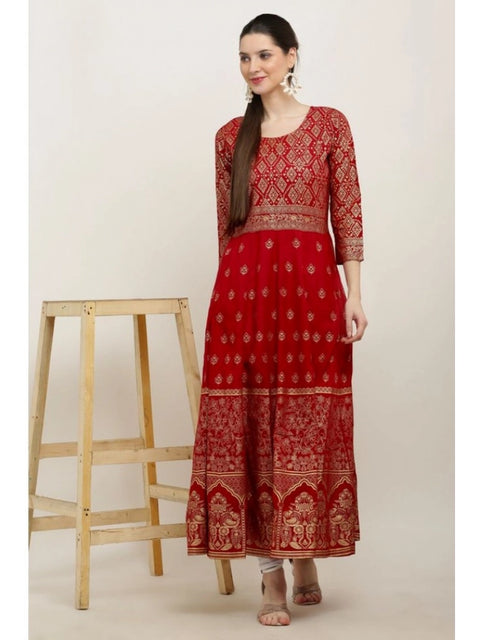 Generic Women's Casual Rayon 3-4th Sleeves Anarkali Kurti (Red)